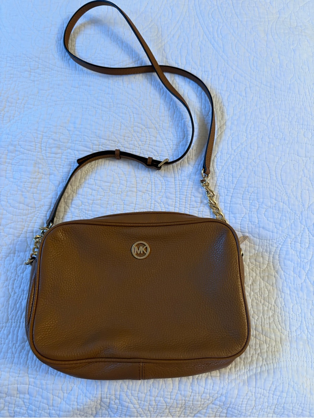 Michael Kors Cognac Pebbled Leather Crossbody with Gold MK Emblem